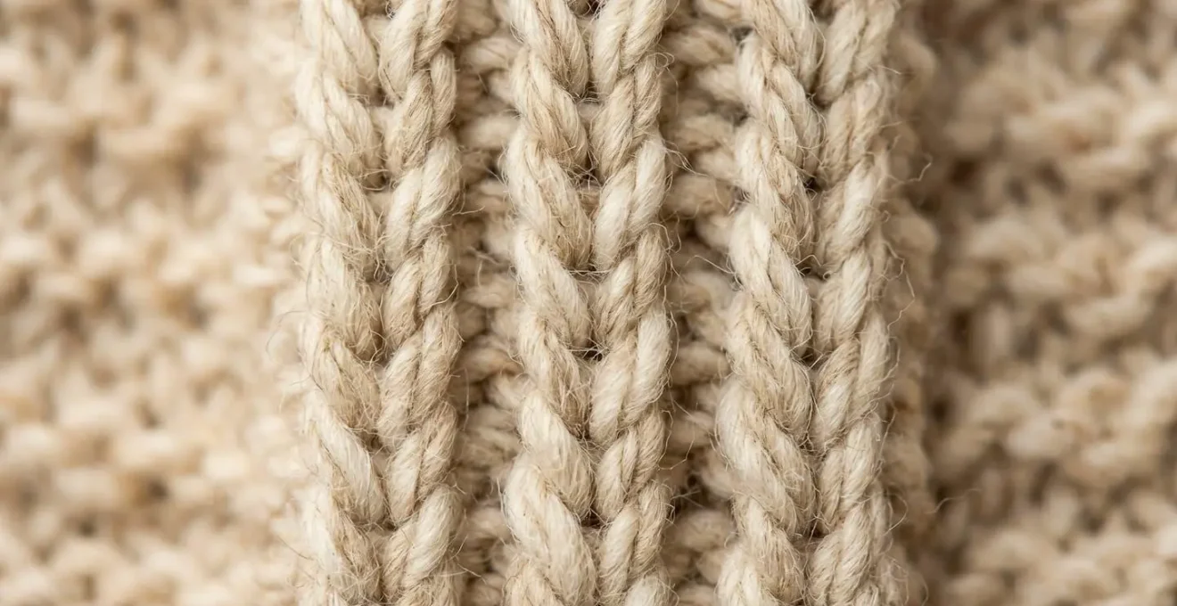 Gros plan sur les mailles d'un tricot en laine naturelle, texture dense et régulière