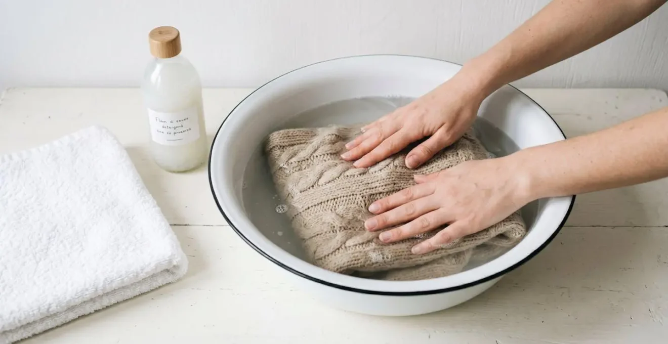 Vue de dessus sur une bassine blanche où flotte un pull beige en laine, avec des mains effectuant un lavage délicat à la main, serviette et lessive posées à côté