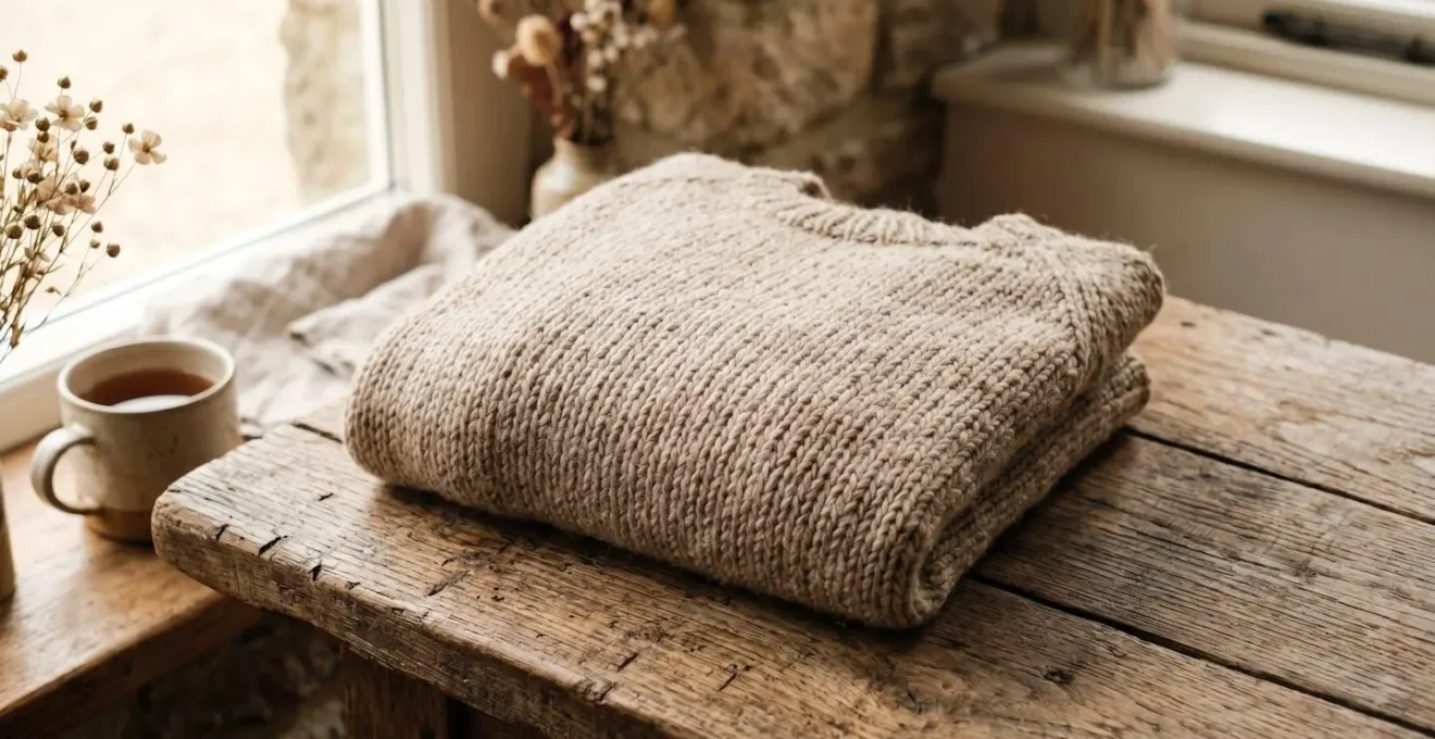 Pull en maille naturelle soigneusement plié sur une surface en bois ancien, éclairage doux et naturel