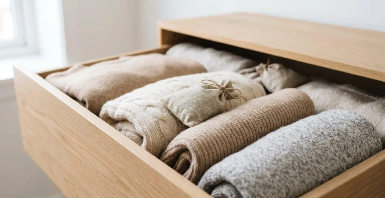 Tiroir en bois clair ouvert montrant des pulls en maille beige et gris soigneusement pliés avec des sachets de cèdre naturel glissés entre les plis
