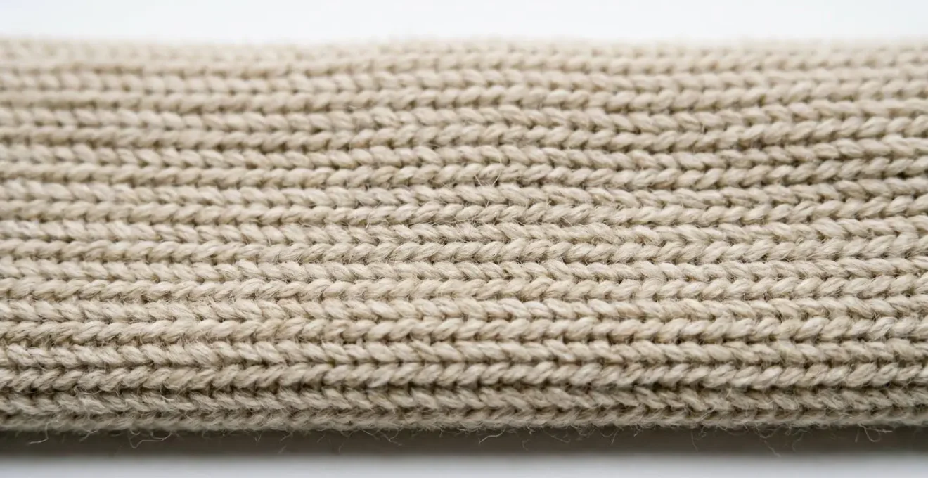 Gros plan macro sur la texture d'un tricot en laine mérinos de qualité montrant une maille régulière et serrée sans boulochage, sur fond blanc