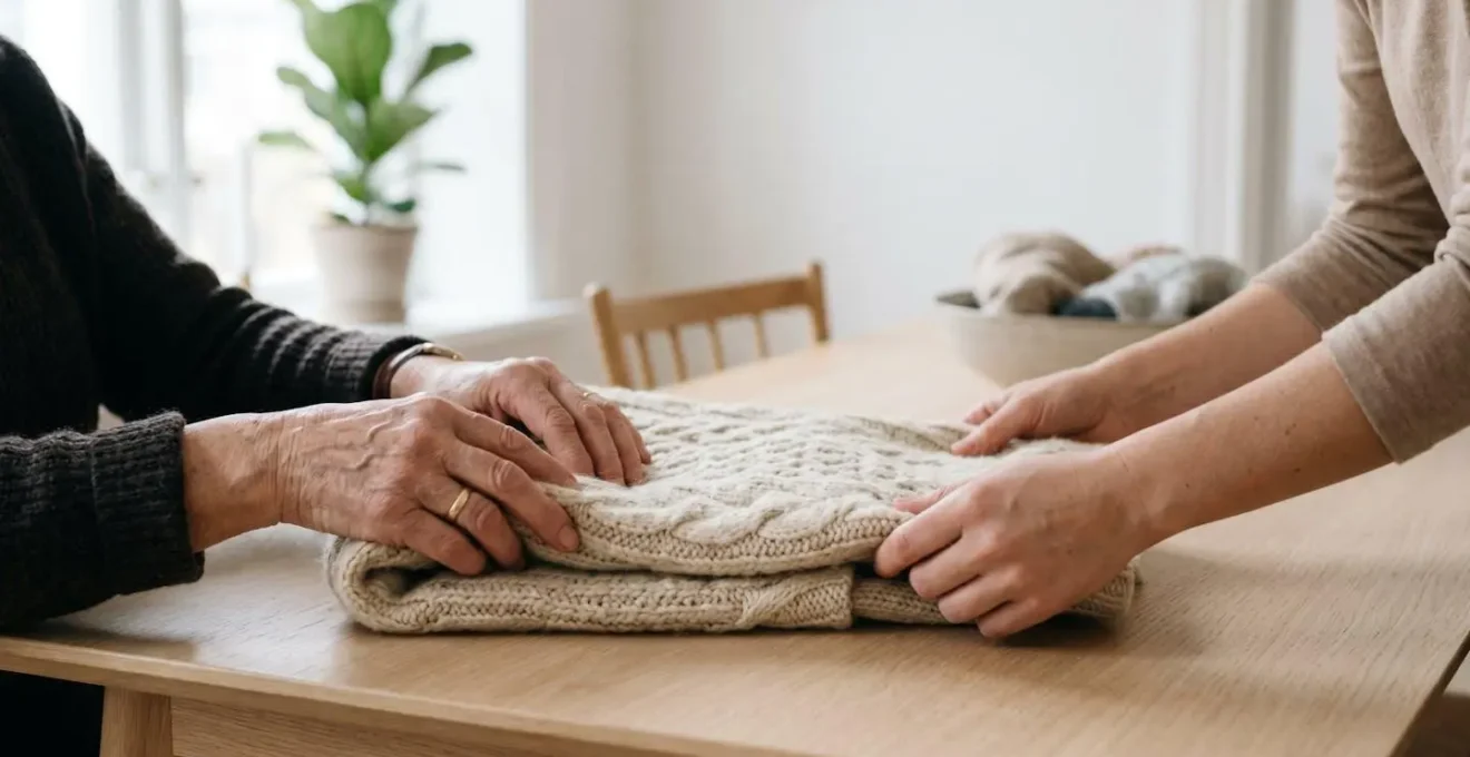 Mains de deux femmes de générations différentes pliant ensemble un pull en maille beige de qualité sur une table en bois clair, dans un intérieur lumineux aux tons naturels
