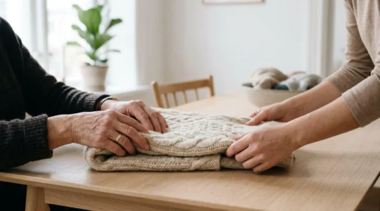 Mains de deux femmes de générations différentes pliant ensemble un pull en maille beige de qualité sur une table en bois clair, dans un intérieur lumineux aux tons naturels